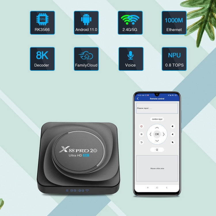 X88 Pro 20 4K Smart TV BOX Android 11.0 Media Player with Voice Remote, RK3566 Quad Core 64-bit Cortex-A55 up to 1.8GHz, RAM: 8GB, ROM: 128GB, Support Dual Band WiFi, Bluetooth, Ethernet, US Plug, 8GB+128GB