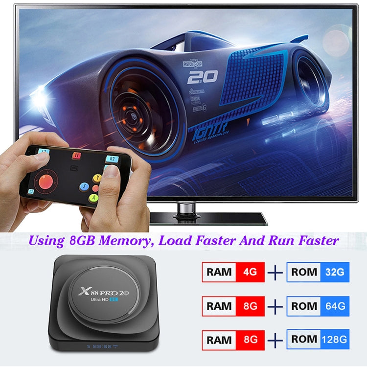 X88 Pro 20 4K Smart TV BOX Android 11.0 Media Player with Voice Remote, RK3566 Quad Core 64-bit Cortex-A55 up to 1.8GHz, RAM: 8GB, ROM: 128GB, Support Dual Band WiFi, Bluetooth, Ethernet, US Plug, 8GB+128GB