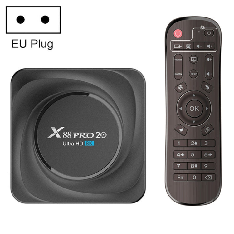 X88 Pro 20 4K Smart TV BOX Android 11.0 Media Player with Infrared Remote Control, RK3566 Quad Core 64-bit Cortex-A55 up to 1.8GHz, RAM: 4GB, ROM: 32GB, Support Dual Band WiFi, Bluetooth, Ethernet, EU Plug, 4GB+32GB