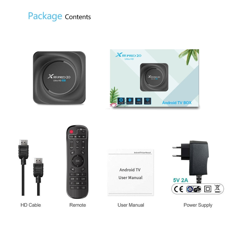 X88 Pro 20 4K Smart TV BOX Lettore multimediale Android 11.0 con telecomando a infrarossi, RK3566 Quad Core 64 bit Cortex-A55 fino a 1,8 GHz, RAM: 4 GB, ROM: 32 GB, supporto WiFi dual band, Bluetooth, Ethernet, presa EU, 4GB+32GB