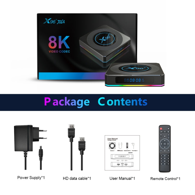 X96 X4 8K Smart TV BOX Lettore multimediale Android 11.0 con telecomando, Amlogic S905X4 Quad Core ARM Cortex A55, RAM: 4 GB, ROM: 64 GB, Supporto 100 M, WiFi dual band, Bluetooth, presa EU, 4GB+64GB
