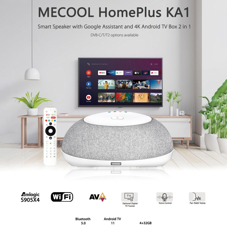 MECOOL KA1 Smart TV Speaker Android 11 TV Box with Remote Control, Amlogic S905X4 Quad Core Cortex-A55, 4GB+32GB, Dual-Band / Bluetooth / Ethernet / DVB-T/T2 / DVB-C, KA1-DVB-T