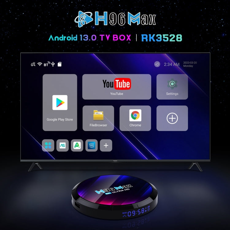 H96 Max 8K Ultra HD Smart TV Box Lettore multimediale Android 13.0 con telecomando, RK3528 Quad-Core, 4 GB + 32 GB, 4GB+32GB