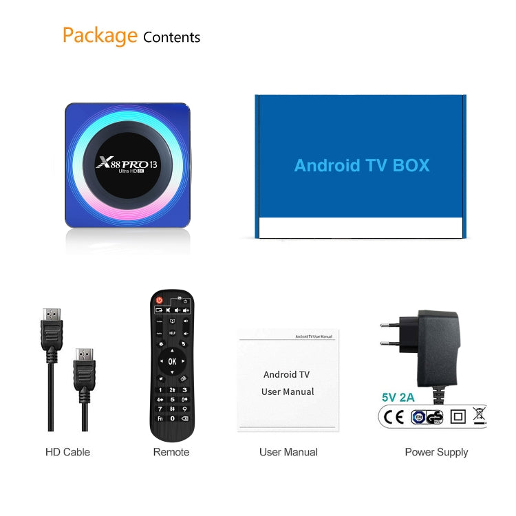 Acrilico X88 Pro 13 8K Ultra HD Android 13.0 Smart TV Box con telecomando, RK3528 Quad-Core, 2 GB + 16 GB, 2GB+16GB