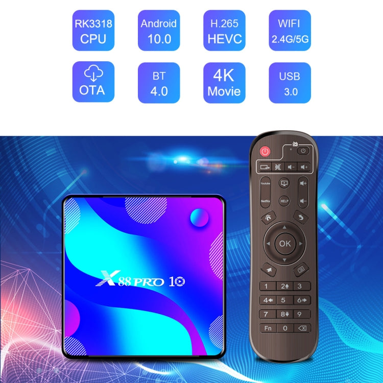 X88 Pro 10 4K Ultra HD Android TV Box con telecomando, Android 10.0, RK3318 Quad-Core 64bit Cortex-A53, 2GB+16GB, supporto Bluetooth / WiFi dual-band / scheda TF / USB / AV / Ethernet, 2GB+16GB