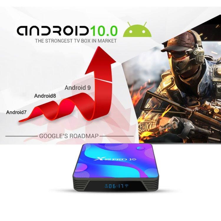 X88 Pro 10 4K Ultra HD Android TV Box con telecomando, Android 10.0, RK3318 Quad-Core 64bit Cortex-A53, 2GB+16GB, supporto Bluetooth / WiFi dual-band / scheda TF / USB / AV / Ethernet, 2GB+16GB