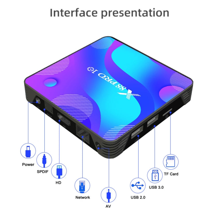 X88 Pro 10 4K Ultra HD Android TV Box con telecomando, Android 10.0, RK3318 Quad-Core 64bit Cortex-A53, 2GB+16GB, supporto Bluetooth / WiFi dual-band / scheda TF / USB / AV / Ethernet, 2GB+16GB