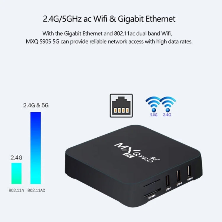 MXQ Pro 5G 4K TV Box Rockchip RK3228A Quad Core CPU, 1 GB+8 GB con telecomando, spina europea, 1GB+8GB