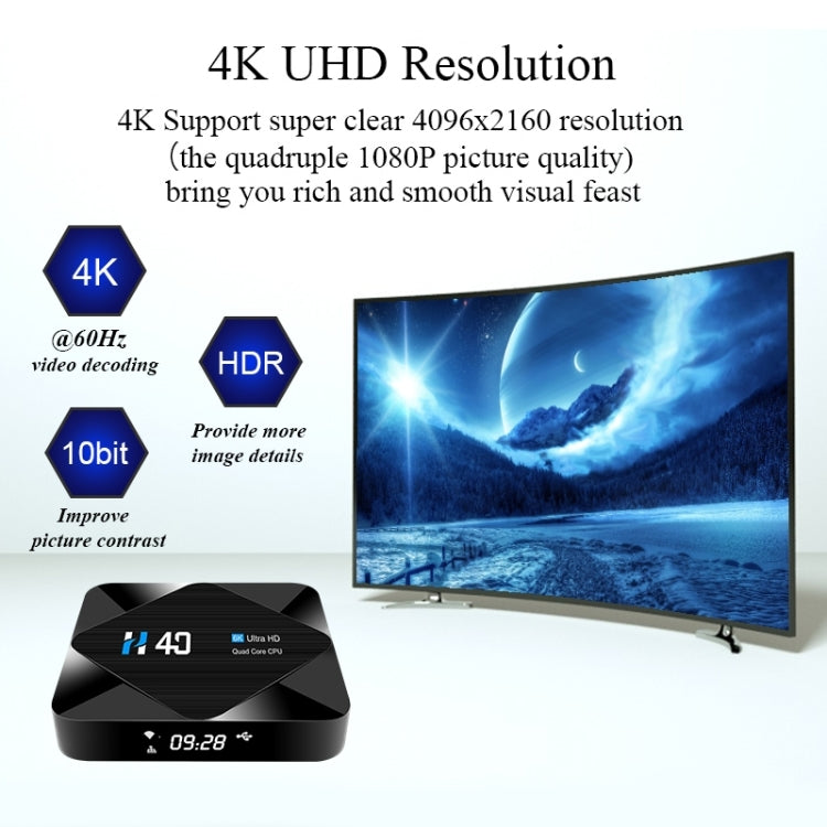 H40 4K Ultra HD Smart TV BOX Android 10.0 Media Player with Remote Control, Quad-Core, RAM: 4GB, ROM: 64GB, 4GB+64GB AU Plug H40, 4GB+64GB UK Plug H40, 4GB+64GB US Plug H40, 4GB+64GB EU Plug H40