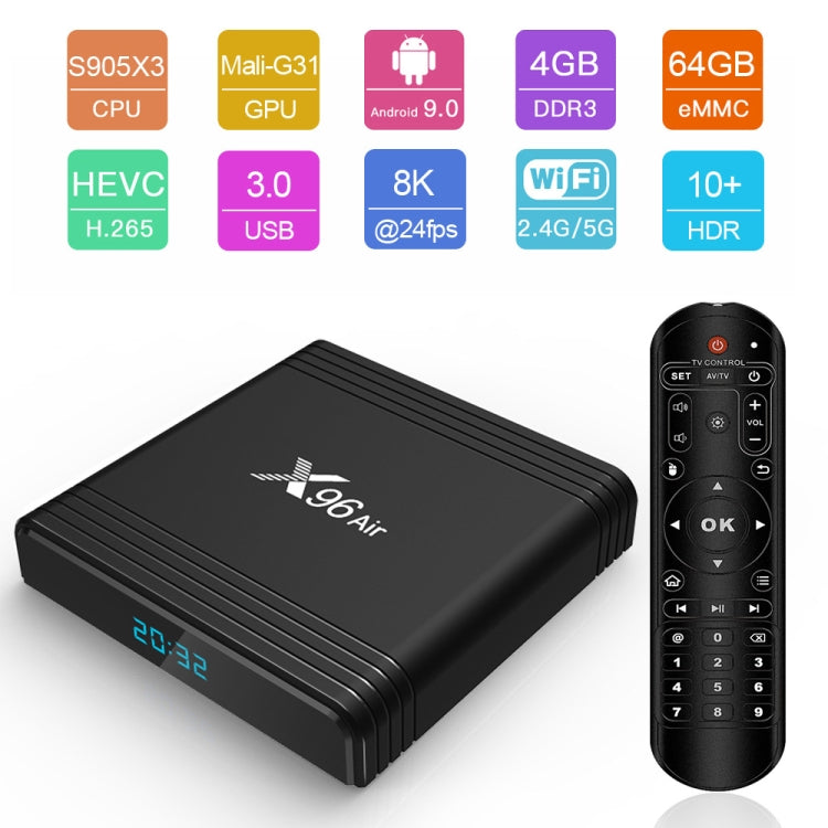 X96 Air 8K Smart TV BOX Lettore multimediale Android 9.0 con telecomando, quad-core Amlogic S905X3, RAM: 2 GB, ROM: 16 GB, WiFi dual band, presa AU, 2GB+16GB