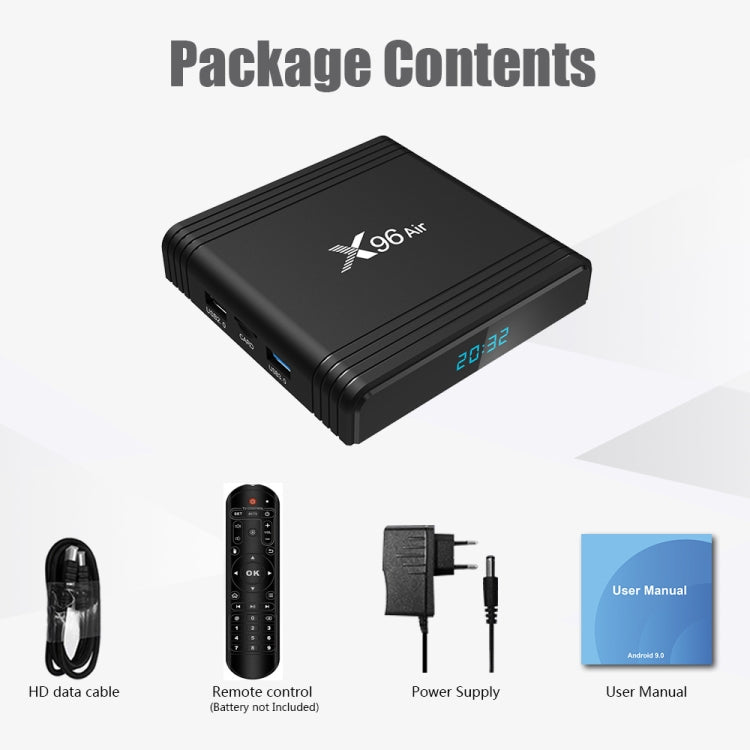 X96 Air 8K Smart TV BOX Lettore multimediale Android 9.0 con telecomando, quad-core Amlogic S905X3, RAM: 2 GB, ROM: 16 GB, WiFi dual band, presa AU, 2GB+16GB