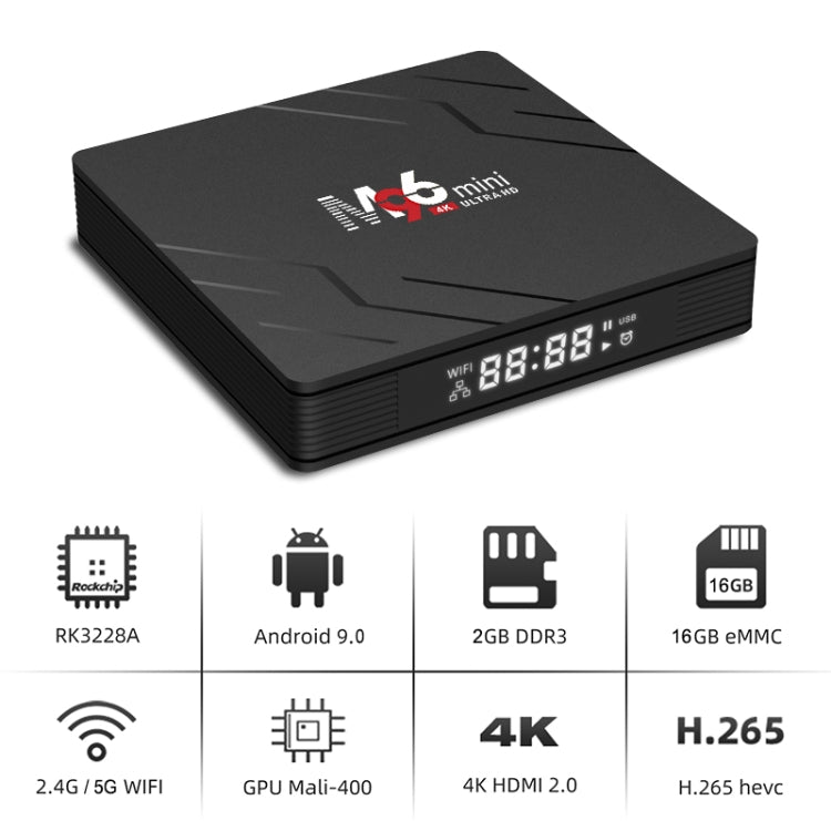 M96mini 4K Smart TV BOX Android 9.0 Media Player with Remote Control, Quad-Core RK3228A, RAM: 2GB, ROM: 16GB, Dual Band WiFi, EU Plug, EAT6010AU, EAT6010EU, EAT6010UK, EAT6010US