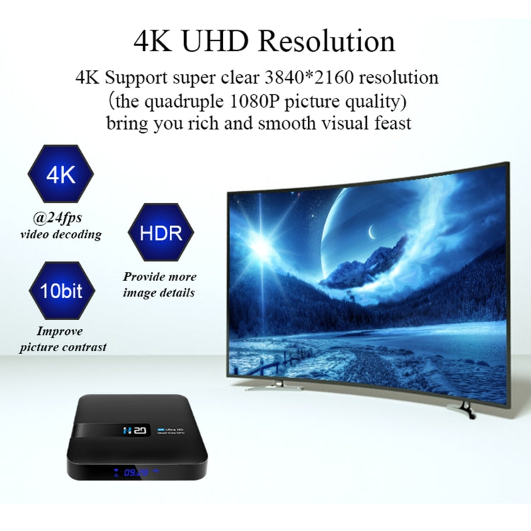 H20 4K Smart TV BOX Android 10.0 Media Player with Remote Control, Quad Core RK3228A, RAM: 1GB, ROM: 8GB, WiFi 2.4GHz, AU Plug, EAT9082AU, EAT9082EU, EAT9082UK, EAT9082US