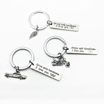 Creative Drive Safe Handsome Words Portachiavi portachiavi in acciaio inossidabile, Wing Shape, Motorcycle Shape, Car Shape