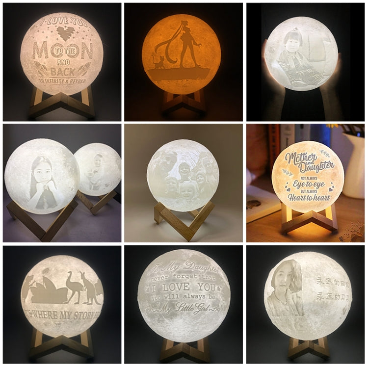 Lampada lunare con stampa 3D a 3 colori personalizzata con ricarica USB Luce notturna a LED a risparmio energetico con base di supporto in legno, 8cm, 10cm, 13cm, 15cm, 18cm, 20cm