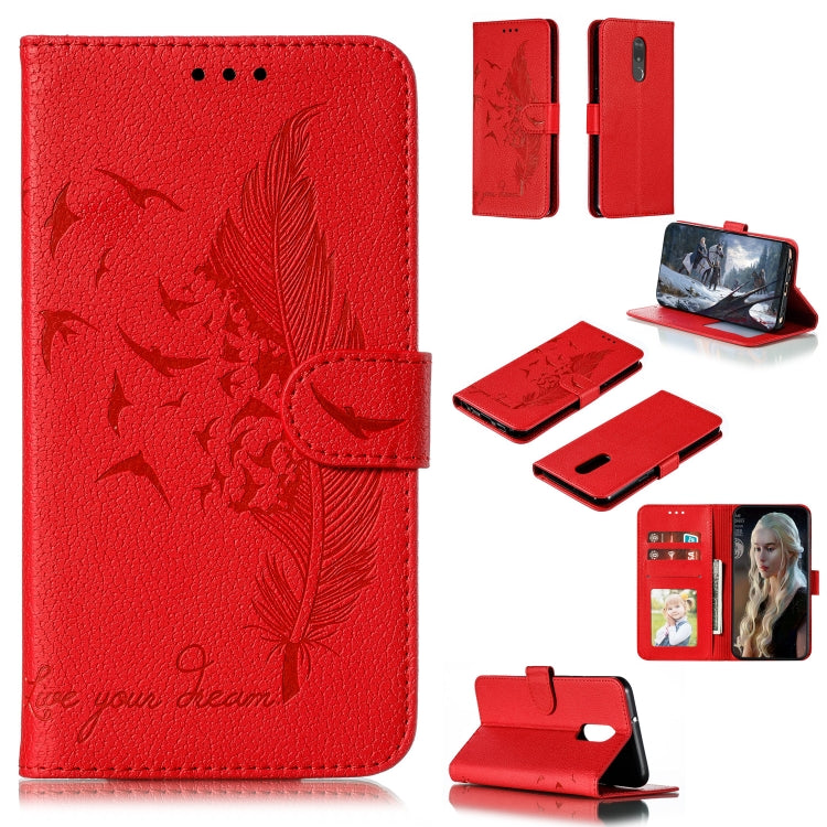 Custodia in pelle flip orizzontale con motivo a piume Litchi Texture con portafoglio, supporto e slot per carte, For LG K50, For LG Stylo 4, For LG Stylo 5, For OnePlus 7 Pro