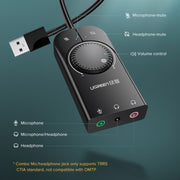 UGREEN CM109 Scheda audio esterna per computer da USB a 3 porte da 3,5 mm con rotella di regolazione del volume, lunghezza: 15 cm
