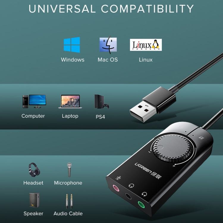 UGREEN CM109 Scheda audio esterna per computer da USB a 3 porte da 3,5 mm con rotella di regolazione del volume, lunghezza: 15 cm