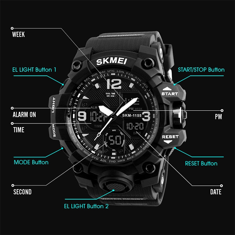 SKMEI 1155B Orologio da polso multifunzionale da uomo con quadrante grande impermeabile per sport all'aria aperta