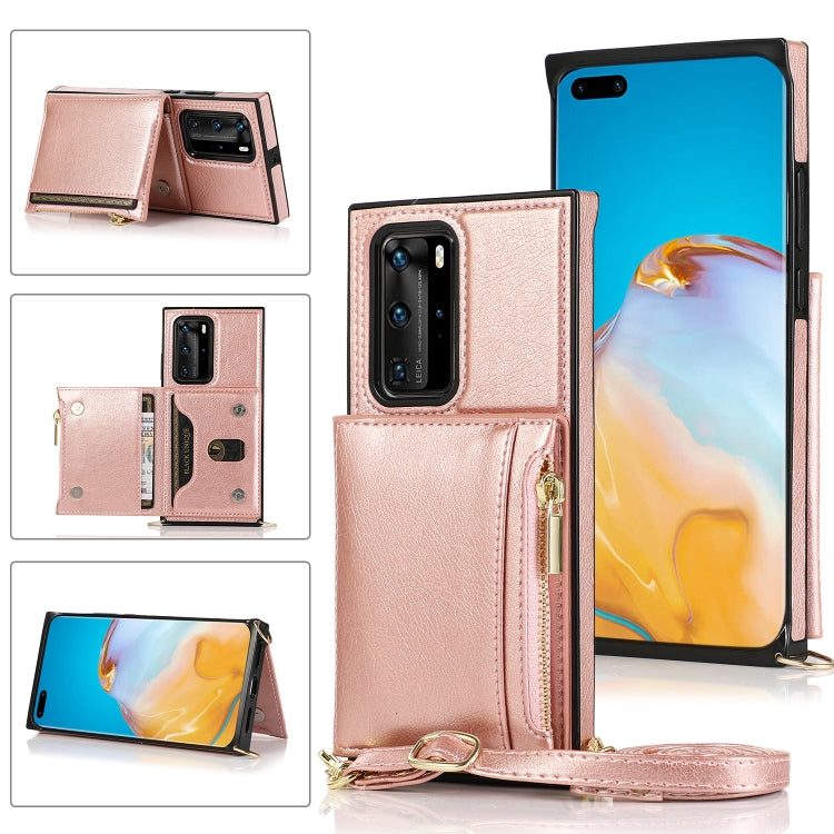 Borsa a portafoglio con cerniera quadrata Custodia posteriore in TPU + PU con supporto e fessure per carte e portafoglio e tracolla, For Huawei P40 Pro