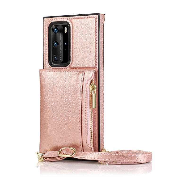 Borsa a portafoglio con cerniera quadrata Custodia posteriore in TPU + PU con supporto e fessure per carte e portafoglio e tracolla, For Huawei P40 Pro