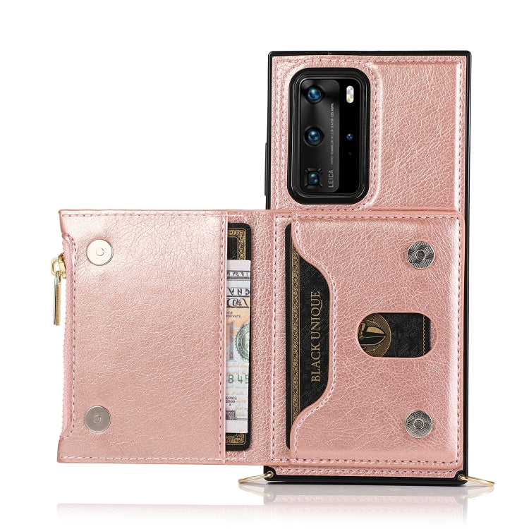 Borsa a portafoglio con cerniera quadrata Custodia posteriore in TPU + PU con supporto e fessure per carte e portafoglio e tracolla, For Huawei P40 Pro