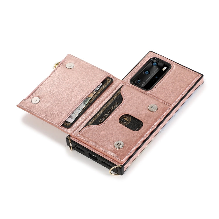 Borsa a portafoglio con cerniera quadrata Custodia posteriore in TPU + PU con supporto e fessure per carte e portafoglio e tracolla, For Huawei P40 Pro