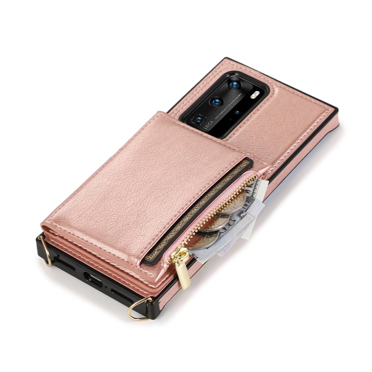 Borsa a portafoglio con cerniera quadrata Custodia posteriore in TPU + PU con supporto e fessure per carte e portafoglio e tracolla, For Huawei P40 Pro