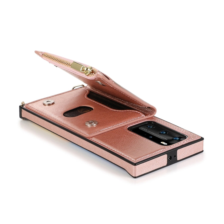 Borsa a portafoglio con cerniera quadrata Custodia posteriore in TPU + PU con supporto e fessure per carte e portafoglio e tracolla, For Huawei P40 Pro