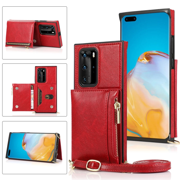 Borsa a portafoglio con cerniera quadrata Custodia posteriore in TPU + PU con supporto e fessure per carte e portafoglio e tracolla, For Huawei P40 Pro