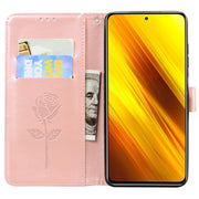 Custodia in pelle PU con vibrazione orizzontale in rilievo rosa con supporto, slot per carte e portafoglio, For Xiaomi Poco X3 NFC