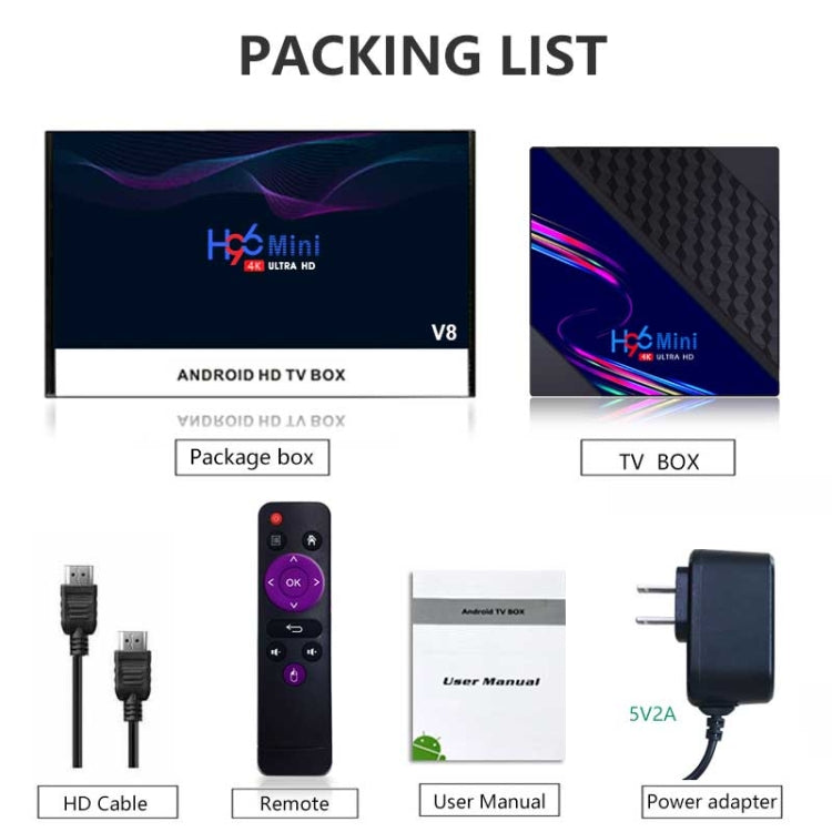 H96 Mini V8 4K Smart TV Box con telecomando, Android 10.0, RK3228A Quad-core Cortex-A7, 2GB+16GB, TikTok integrato, supporto DLNA / HDMI / USBx2 / 2.4G WIFI, EU Plug, US Plug, UK Plug, AU Plug