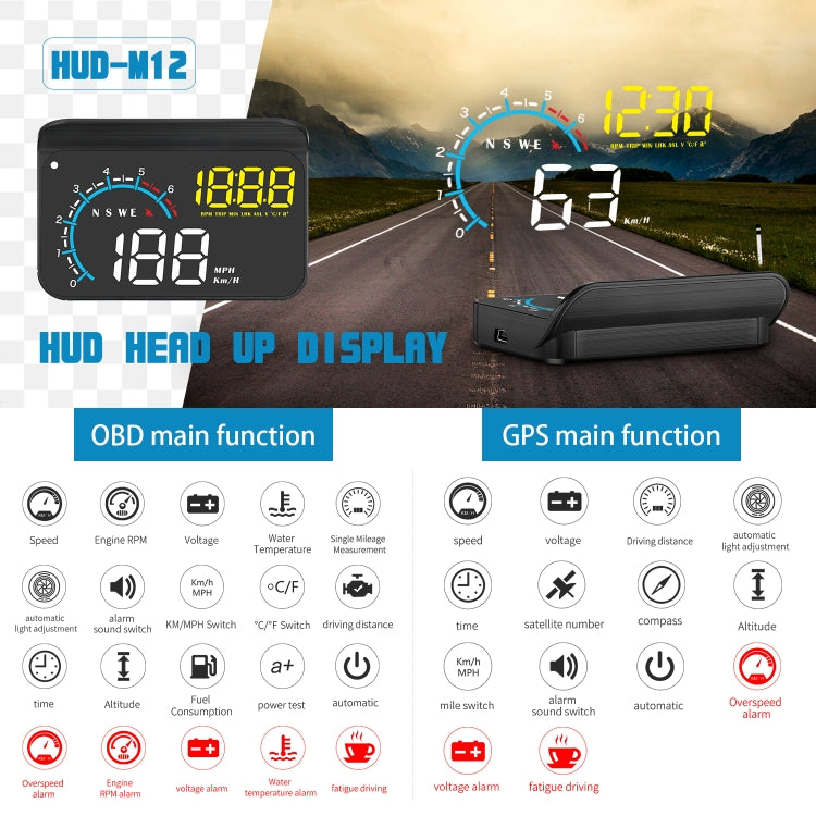 M12 OBD2 + Modalità GPS Car Head-up Display HUD Velocità eccessiva/Velocità/Temperatura dell'acqua/Bassa tensione/Allarme guasto, M12