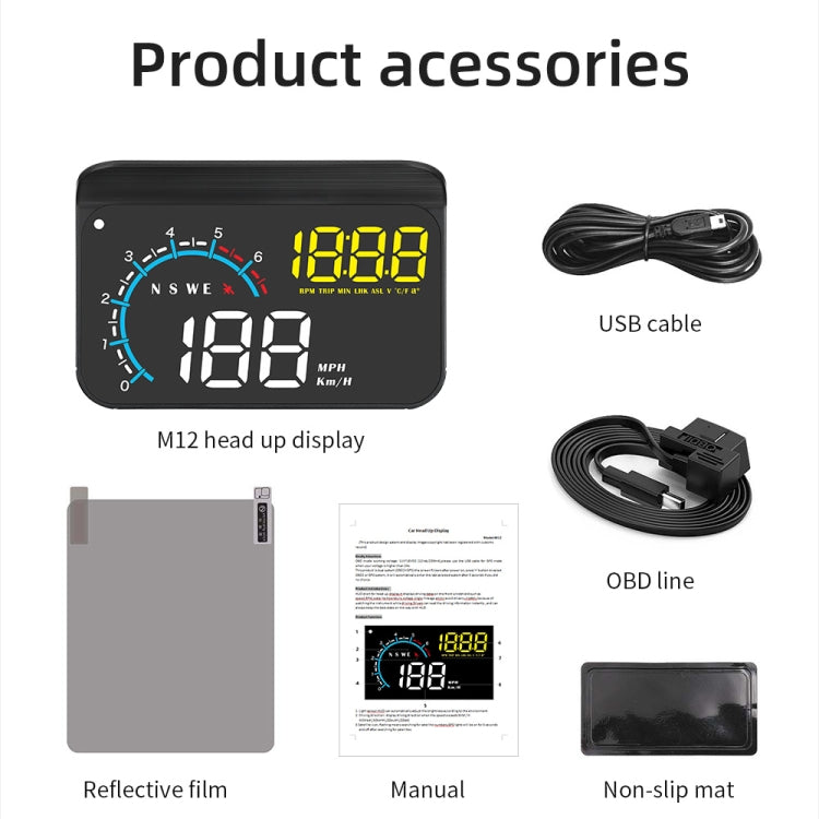 M12 OBD2 + Modalità GPS Car Head-up Display HUD Velocità eccessiva/Velocità/Temperatura dell'acqua/Bassa tensione/Allarme guasto, M12