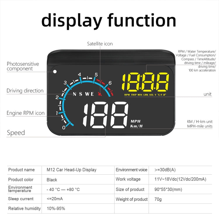 M12 OBD2 + Modalità GPS Car Head-up Display HUD Velocità eccessiva/Velocità/Temperatura dell'acqua/Bassa tensione/Allarme guasto, M12