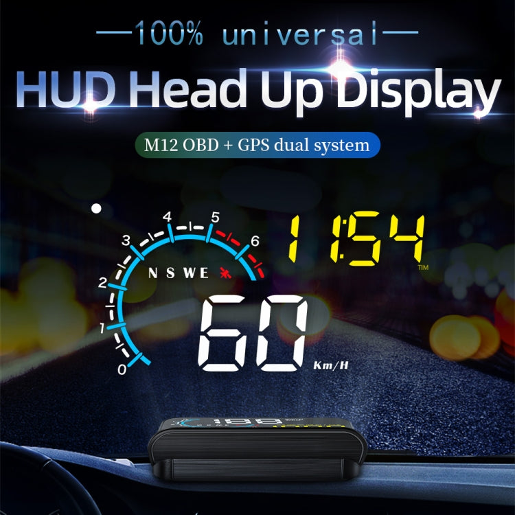 M12 OBD2 + Modalità GPS Car Head-up Display HUD Velocità eccessiva/Velocità/Temperatura dell'acqua/Bassa tensione/Allarme guasto, M12