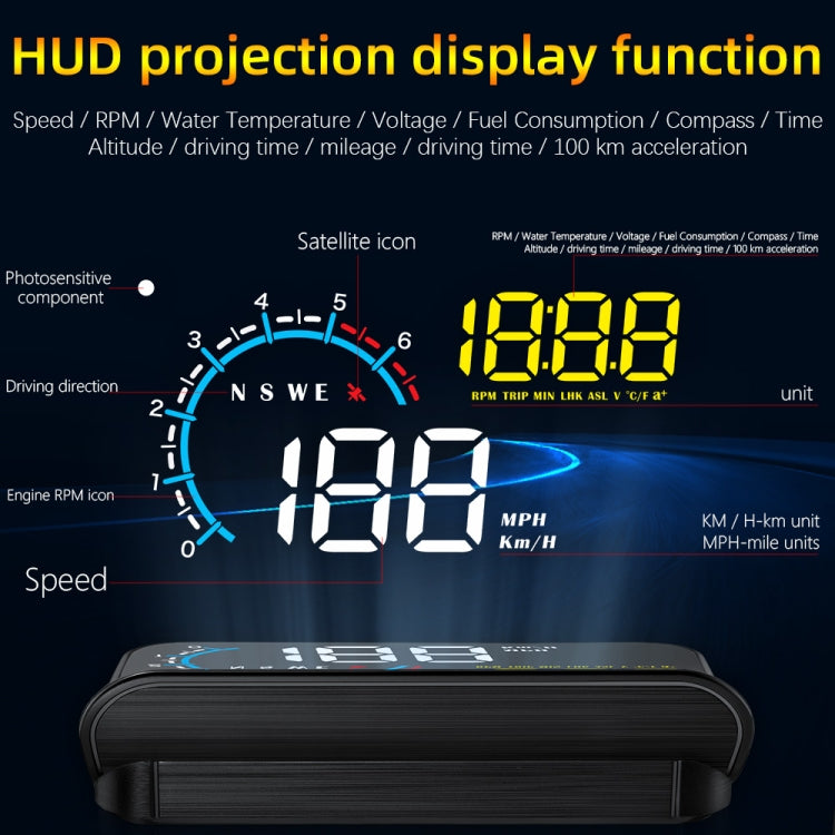 M12 OBD2 + Modalità GPS Car Head-up Display HUD Velocità eccessiva/Velocità/Temperatura dell'acqua/Bassa tensione/Allarme guasto, M12