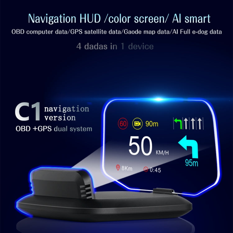 C1 OBD2 + Modalità GPS Car HUD Head-up Display Bussola/Velocità/Temperatura dell'acqua/Visualizzazione tensione/Velocità/Allarme guasto/Funzione di navigazione, C1 With Navigation Function