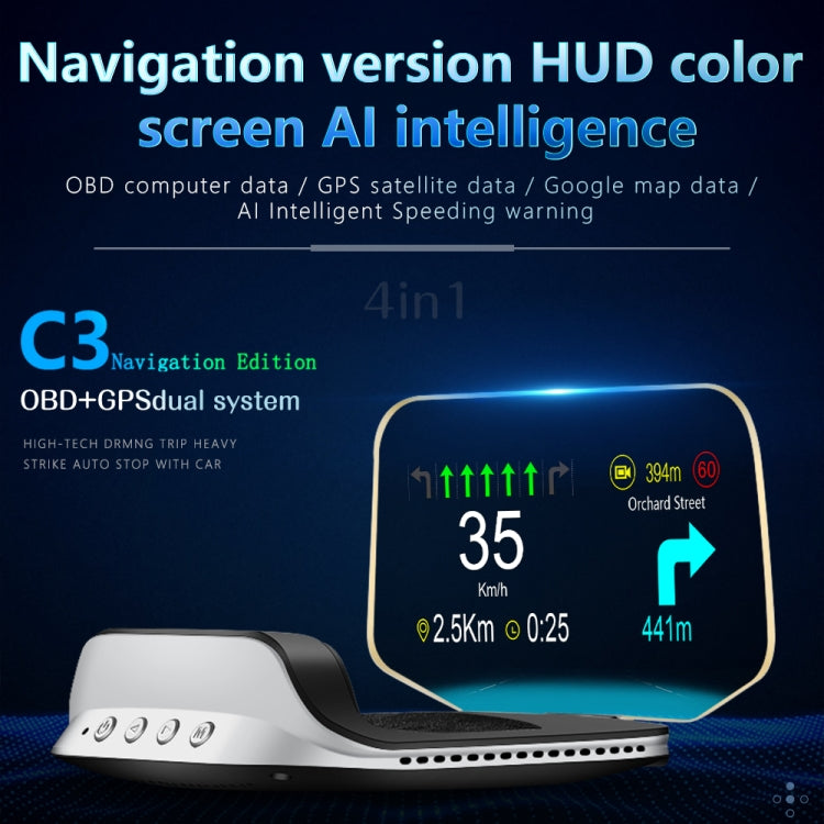 C3 OBD2 + Modalità GPS Car Head-up Display HUD Velocità eccessiva/Velocità/Temperatura dell'acqua troppo alta/Tensione troppo bassa/Allarme guasto motore/Promemoria guida fatica/Funzione di navigazione, C3