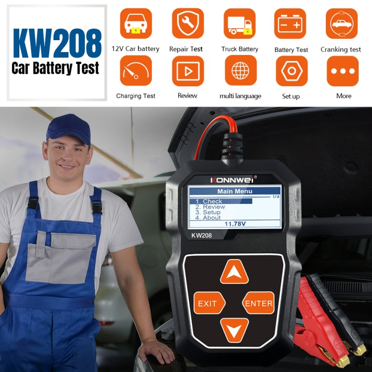KONNWEI KW208 Tester per batteria con schermo a colori TFT per auto, supporta 8 lingue, KW208