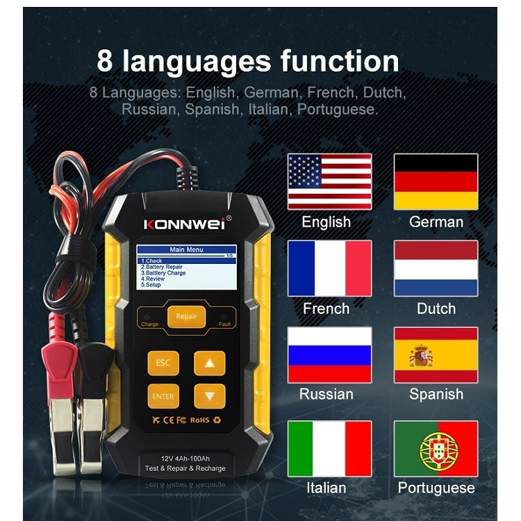 KONNWEI KW510 Tester batteria per auto 3 in 1/caricatore/riparatore Supporto 8 lingue, KW510(EU Plug), KW510(US Plug)