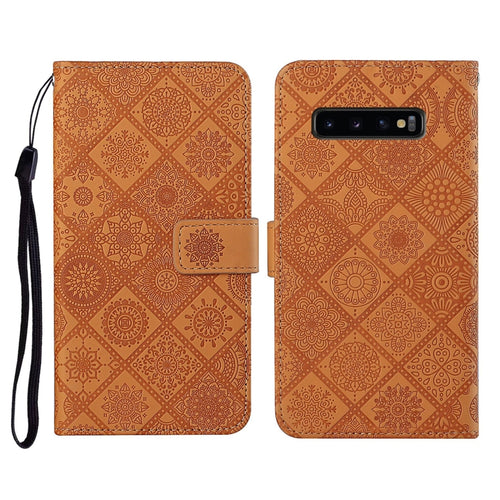Custodia in pelle a ribalta orizzontale con motivo in rilievo in stile etnico con supporto e fessure per carte, portafoglio e cordino, For Samsung Galaxy S10, For Samsung Galaxy S10+, For Samsung Galaxy S10e