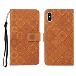 Custodia in pelle a ribalta orizzontale con motivo in rilievo in stile etnico con supporto e fessure per carte, portafoglio e cordino, For iPhone XS / X