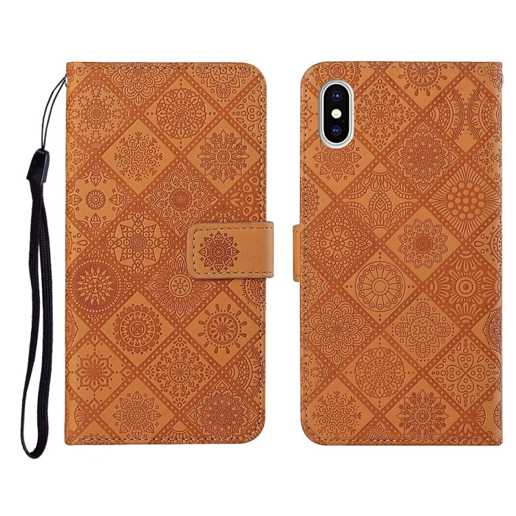 Custodia in pelle a ribalta orizzontale con motivo in rilievo in stile etnico con supporto e fessure per carte, portafoglio e cordino, For iPhone XS / X