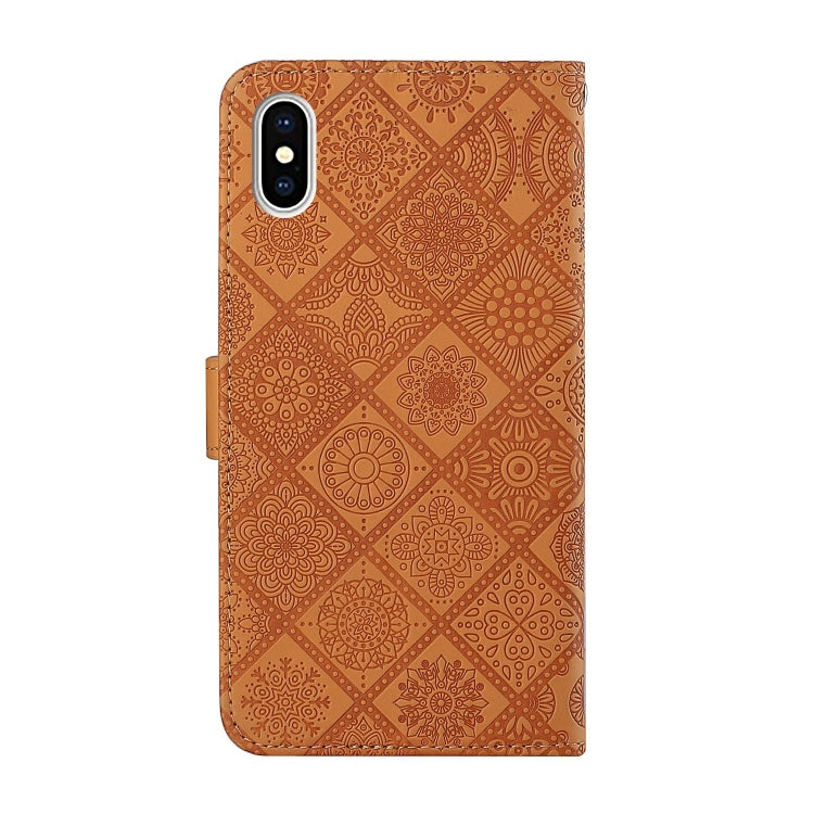 Custodia in pelle a ribalta orizzontale con motivo in rilievo in stile etnico con supporto e fessure per carte, portafoglio e cordino, For iPhone XS / X