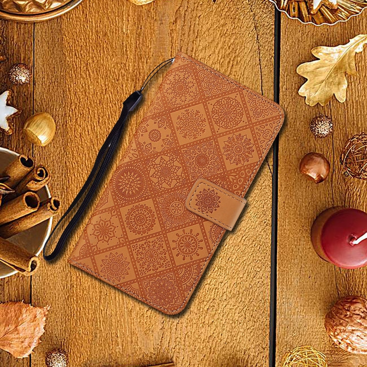 Custodia in pelle a ribalta orizzontale con motivo in rilievo in stile etnico con supporto e fessure per carte, portafoglio e cordino, For iPhone XS / X
