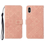 Custodia in pelle a ribalta orizzontale con motivo in rilievo in stile etnico con supporto e fessure per carte, portafoglio e cordino, For iPhone XS / X