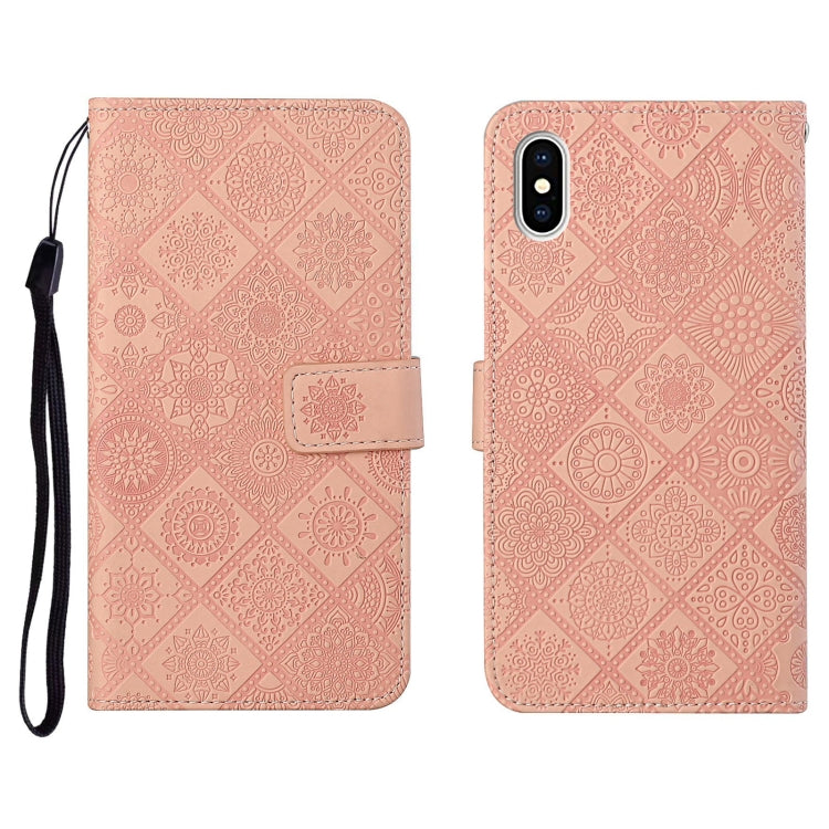 Custodia in pelle a ribalta orizzontale con motivo in rilievo in stile etnico con supporto e fessure per carte, portafoglio e cordino, For iPhone XS / X