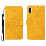 Custodia in pelle a ribalta orizzontale con motivo in rilievo in stile etnico con supporto e fessure per carte, portafoglio e cordino, For iPhone XS / X