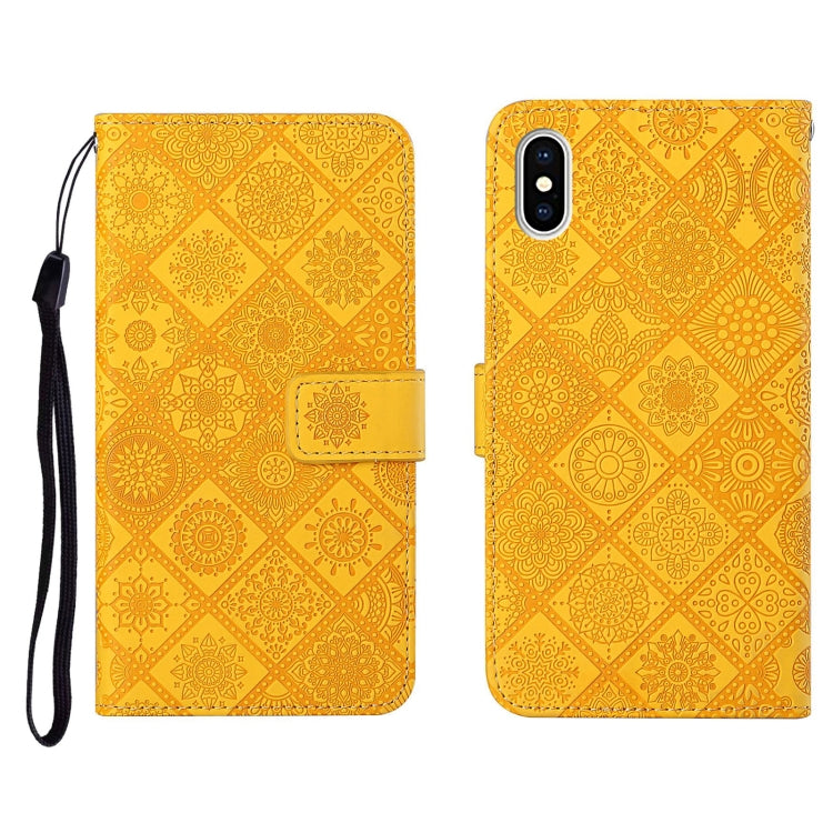 Custodia in pelle a ribalta orizzontale con motivo in rilievo in stile etnico con supporto e fessure per carte, portafoglio e cordino, For iPhone XS / X
